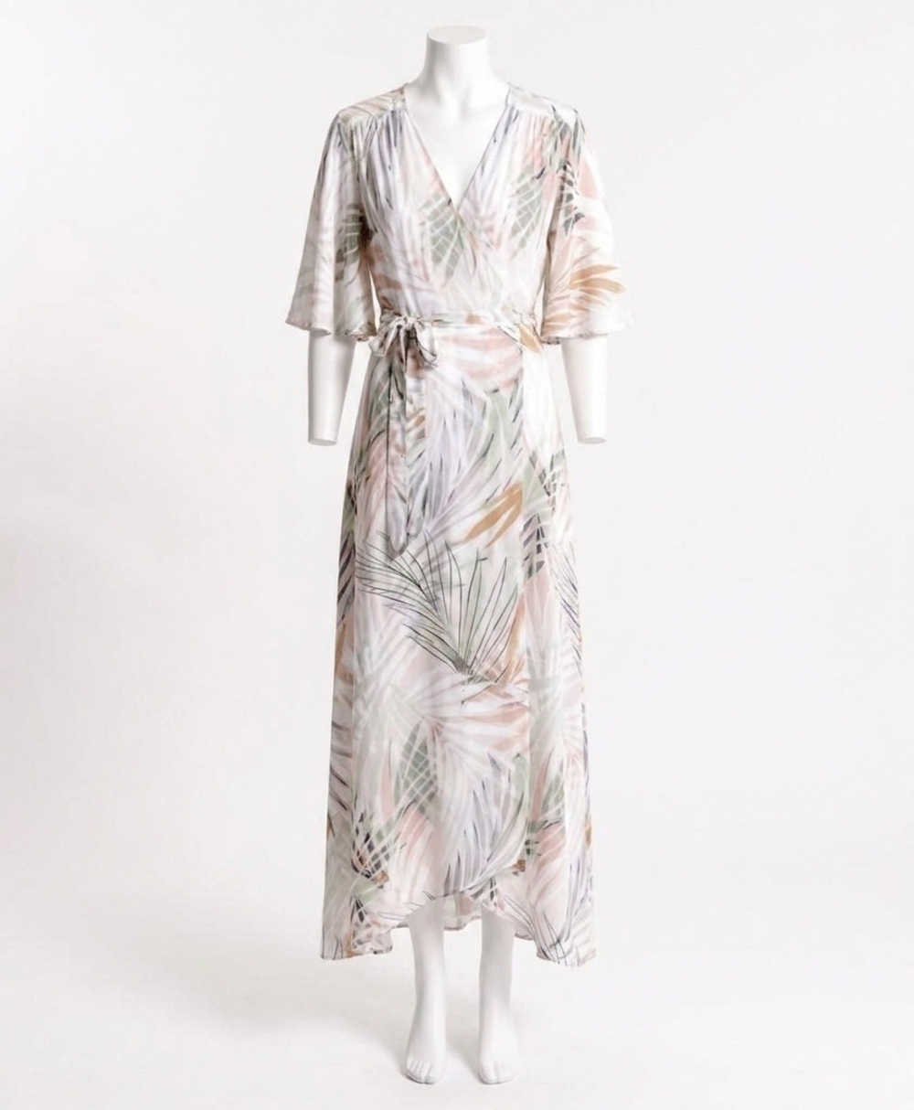 NEW MOLLY BRACKEN printed sunset palm wrap dress in beige palm beach